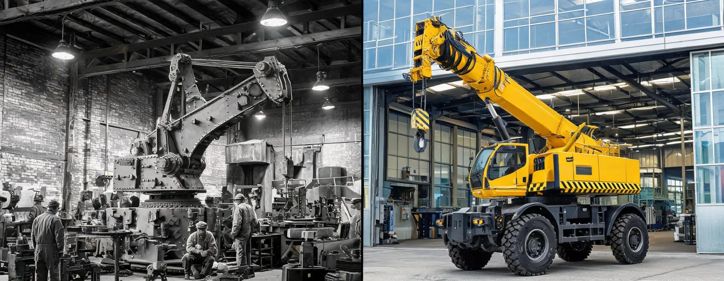Historic hydraulic crane workshop beside modern Tadano assembly line