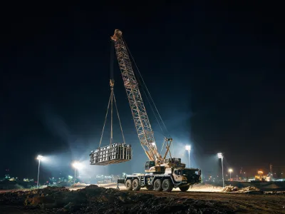 Night floodlit crane lift