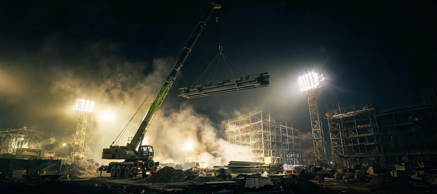 Night floodlit crane lift on industrial site