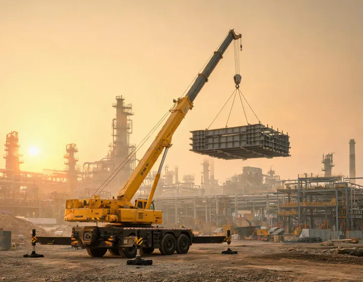 Tadano rough terrain crane lifting steel modules on industrial jobsite
