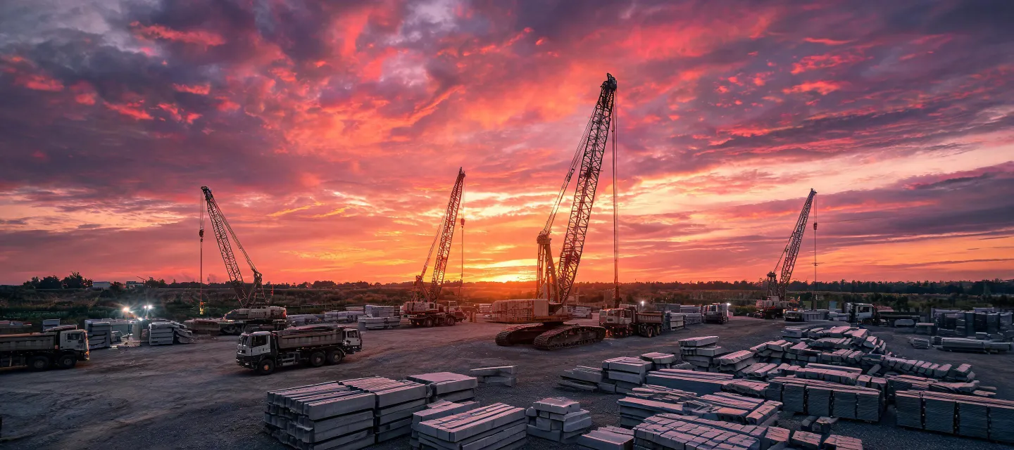 Multiple Tadano cranes on dusk mega-project lift yard