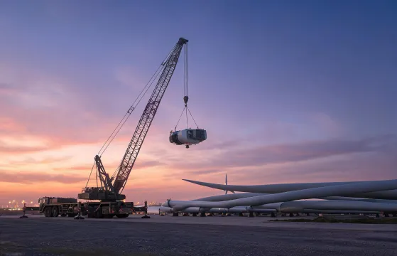 Crane handling wind turbine nacelle
