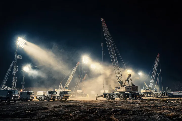 Night floodlit mobile crane fleet with service vans