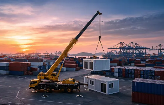 All terrain crane setting modules at port yard